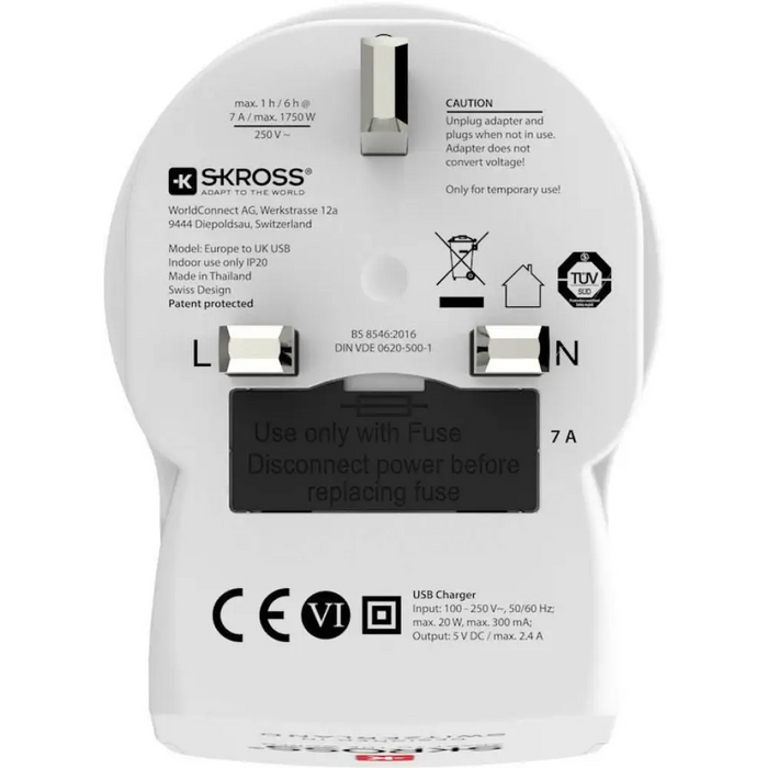 Адаптер SKROSS Europe to UK 1500280 USB Бял
