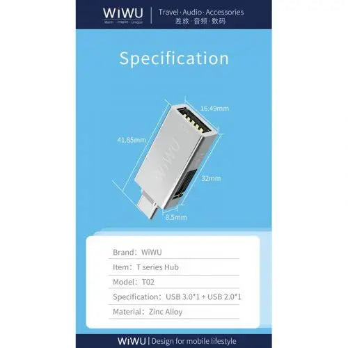 Адаптер WIWU T02 Type - C към 2xUSB 3.0 сребрист