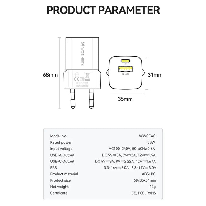 Адаптер Wozinsky WWCEAC GaN USB-A USB-C 33W бял