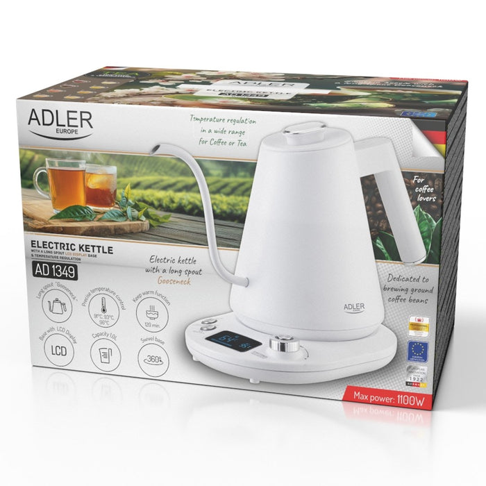 Електрическа кана ADLER AD 1349w с дълъг чучур 1.0L Бяла