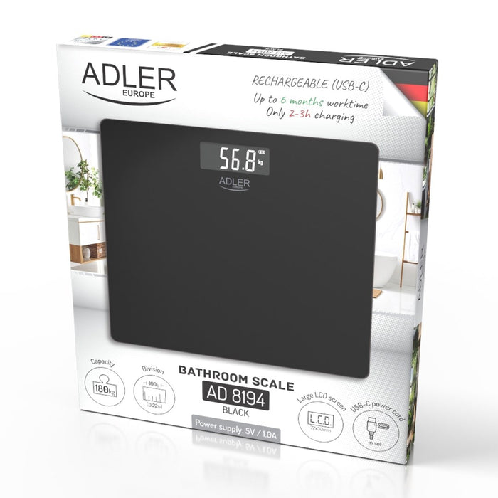 Везни за баня ADLER AD 8194b с презареждаща се USB-C черна
