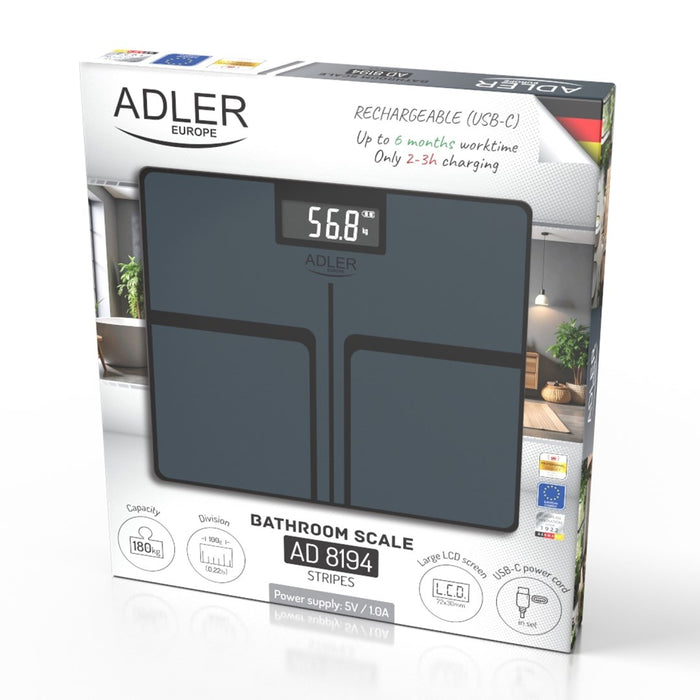 Везни за баня ADLER AD 8194s STRIPES, презареждащи се, USB-C, черни