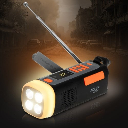 Adler AD 1920 Аварийно радио, соларен панел / манивела / външна батерия 4500 mAh, черен