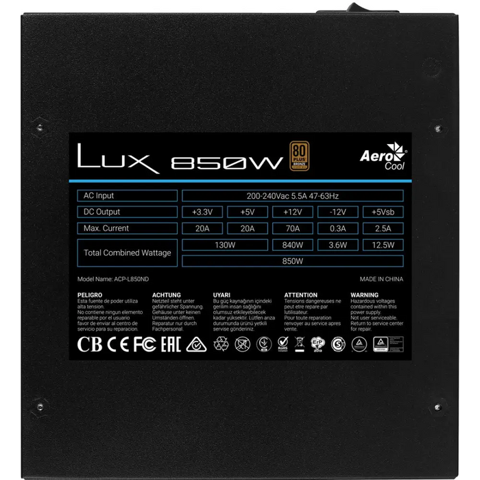 Aerocool LUX850 PC Захранване 850W 80 Plus Bronze 230V 88%
