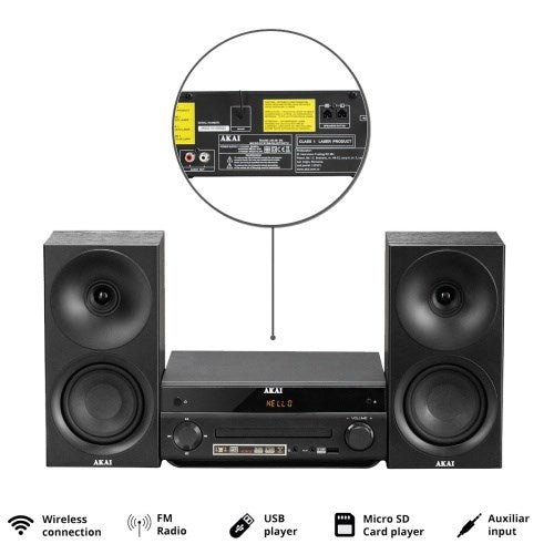 AKAI AM-301B система 40W (2x20W) CD MP3 BT USB FM 40 предварително зададени станции AUX RCA, черна