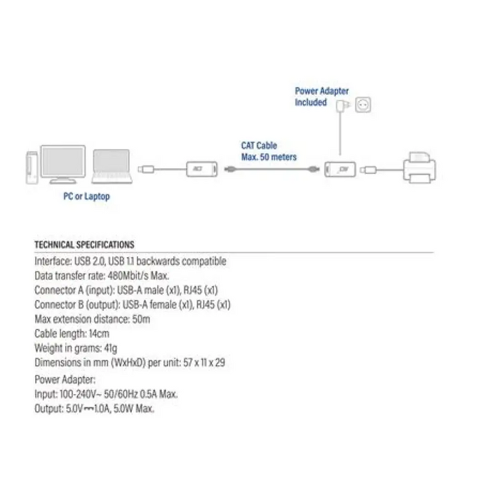 Активен USB удължител ACT AC6063 USB 2.0 UTP до 50 метра