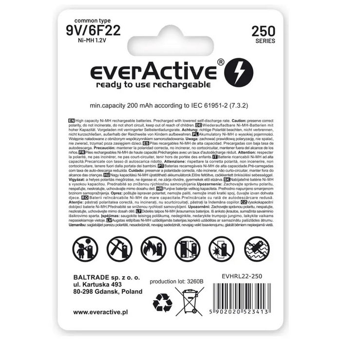Акумулаторни батерии everActive Ni-MH 6F22 9V 250 mAh