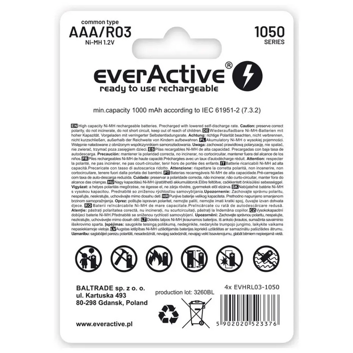 Акумулаторни батерии everActive Ni-MH R03 AAA 1050 mAh