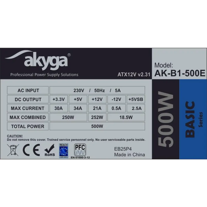 Akyga AK-B1-500E захранване 500 W 20 + 4 pin ATX ATX Сив