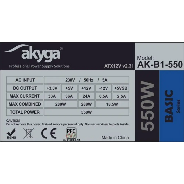 Akyga AK-B1-550 захранване 550 W 20 + 4 pin ATX ATX Сив