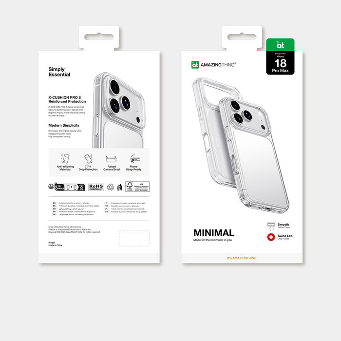 AmazingThing Minimal Drop Protection Case с 3 лещи за iPhone 18 Pro Max - прозрачен