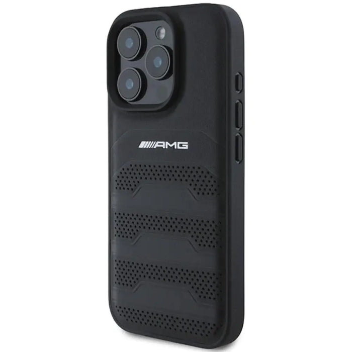 AMG кожен калъф с вдлъбнати линии с черно лого за iPhone 16