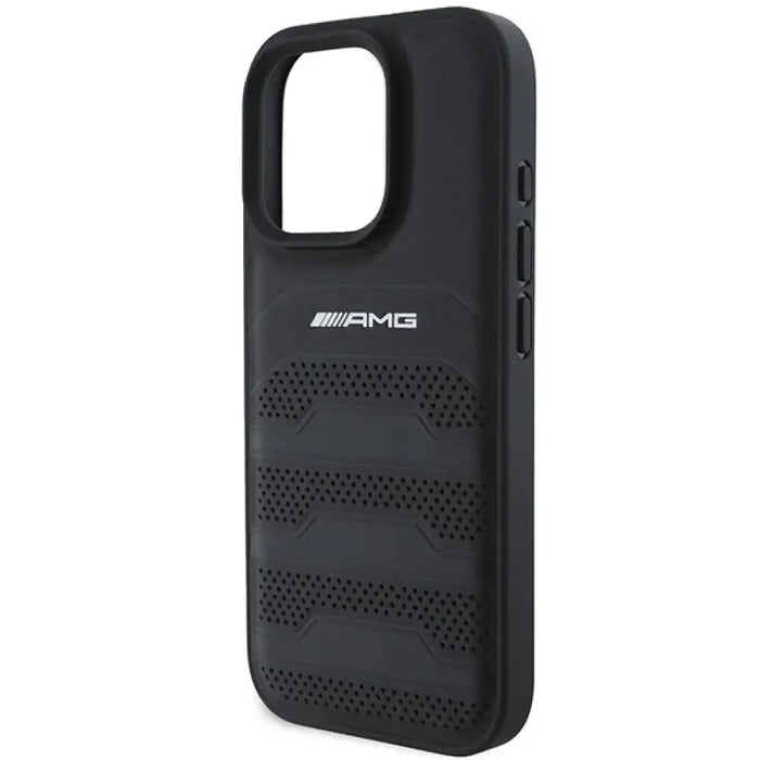 AMG кожен калъф с вдлъбнати линии с черно лого за iPhone 16