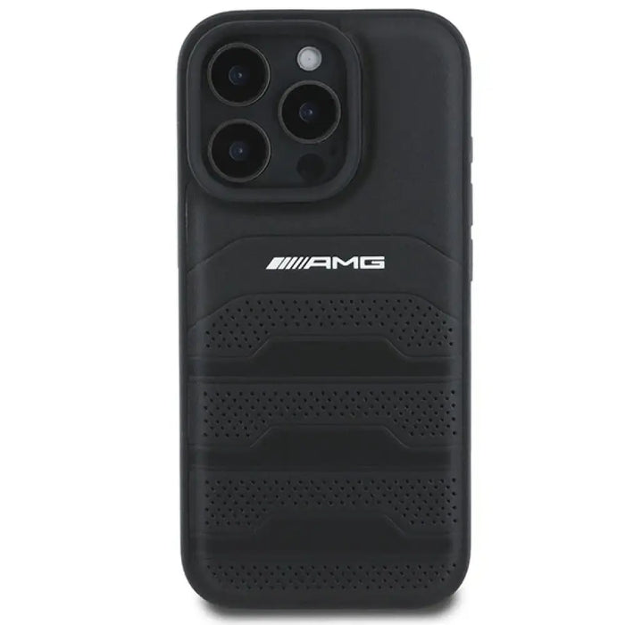 AMG кожен калъф с вдлъбнати линии с черно лого за iPhone 16