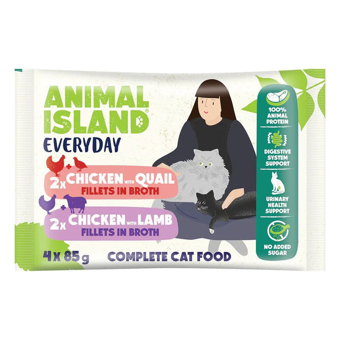 ANIMAL ISLAND Пилешки / Пъдпъдъчи и пилешки / Агнешки филета в бульон - мокра храна за котки - 4x85 г