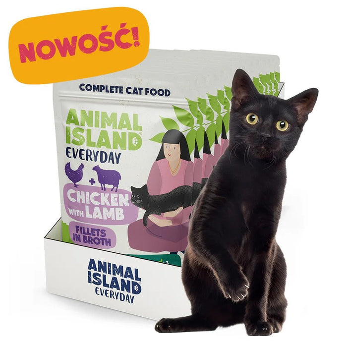 ANIMAL ISLAND Пилешки с агнешки филенца в бульон - мокра храна за котки - 12x85 г
