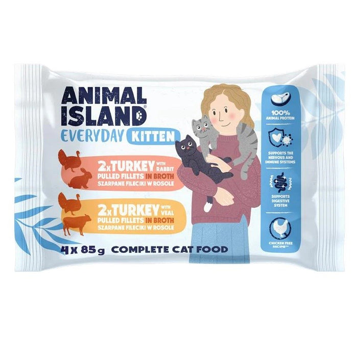 ANIMAL ISLAND Everyday Kitten Пуйка със заек, Пуйка с телешко Кутия - мокра котешка храна - 4x85 г