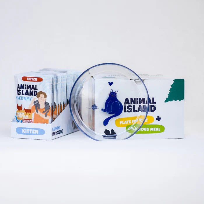 ANIMAL ISLAND Everyday Kitten Пуешко и телешко в бульон Кутия - мокра котешка храна - 12x85 г + безплатна чиния