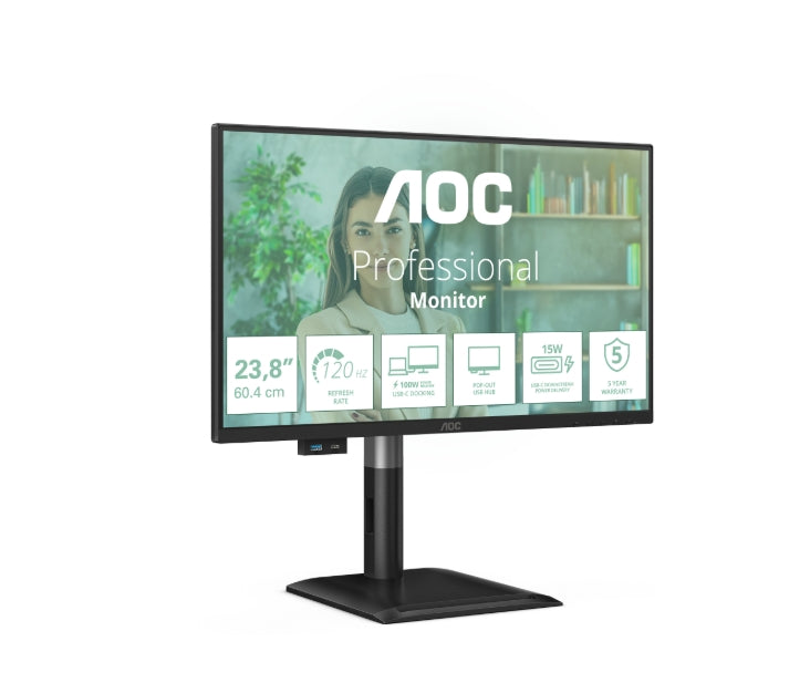 AOC 24P4CV, 23.8" IPS WLED, 1920x1080@120Hz, 4ms GtG, 300cd m/2, 1500:1, 50M:1 DCR, Adaptive Sync, FlickerFree, Anti-Blue Light, 2Wx2, Наклон, Регулиране на височината, Завъртане, Въртене, HDMI, DP, USB хъб, RJ45