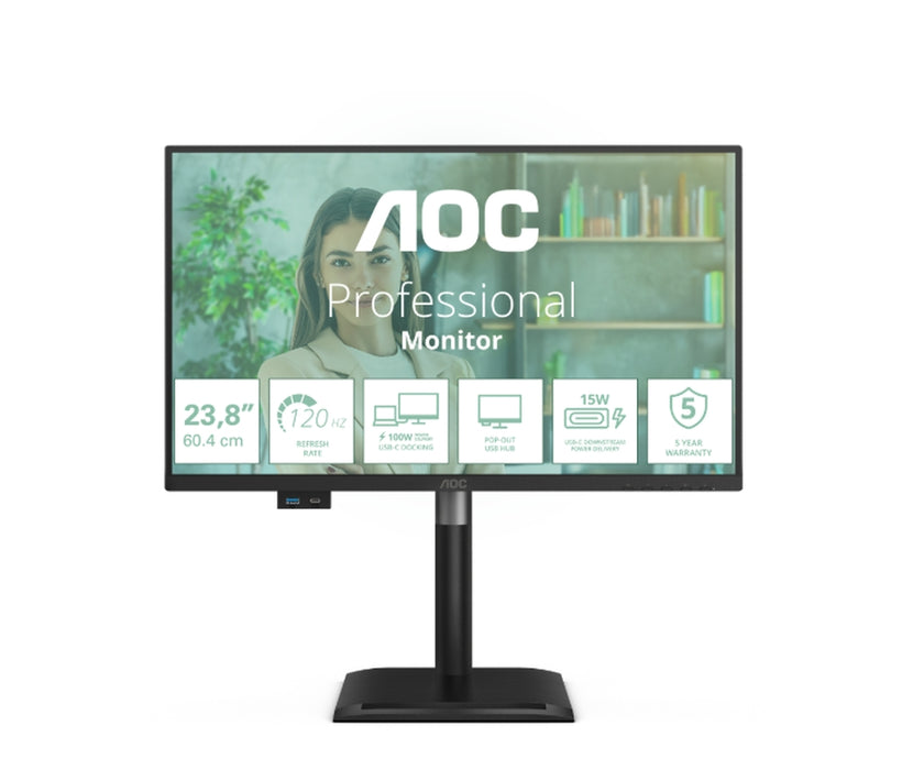 AOC 24P4CV, 23.8" IPS WLED, 1920x1080@120Hz, 4ms GtG, 300cd m/2, 1500:1, 50M:1 DCR, Adaptive Sync, FlickerFree, Anti-Blue Light, 2Wx2, Наклон, Регулиране на височината, Завъртане, Въртене, HDMI, DP, USB хъб, RJ45