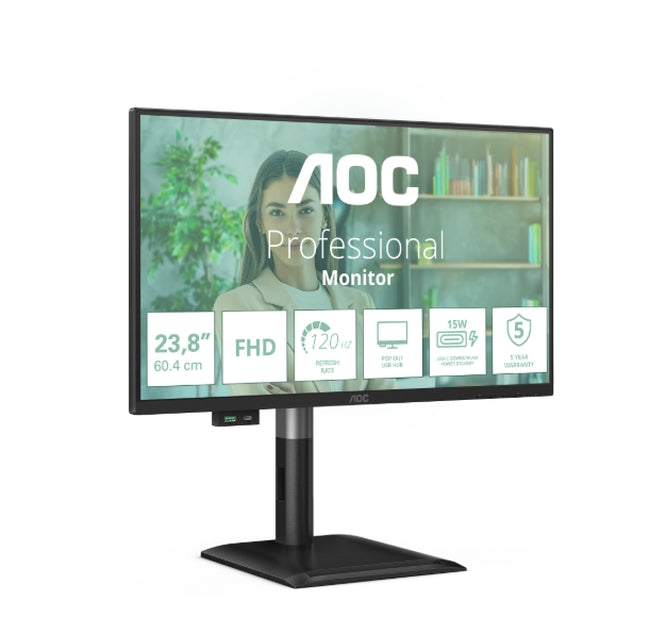 AOC 24P4U, 23.8" IPS WLED, 1920x1080@120Hz, 4ms GtG, 300cd m/2, 1500:1, 20M:1, Adaptive Sync, Anti Blue Light, FlickerFree, 2Wx2, Наклон, Регулиране на височината, Завъртане, Въртене, D-SUB, HDMI, DP, USB хъб