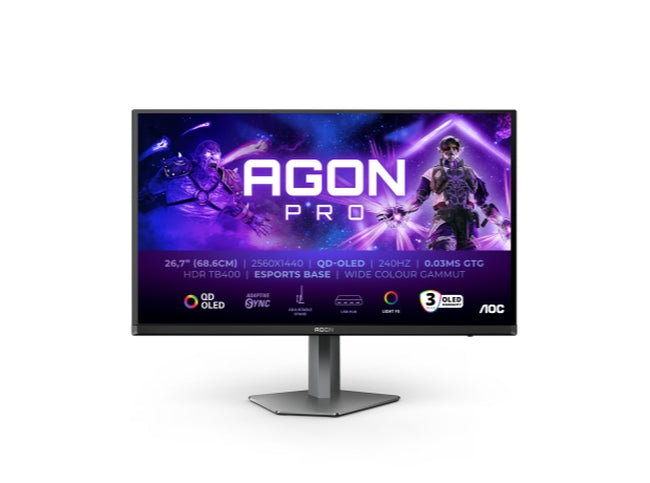 AOC AG276QZD2, 26.7" QD-OLED, 2560x1440@240Hz, 0.03GtG, 1000cd m/2, 1.5M:1, 80M:1 DCR, адаптивна синхронизация, FlickerFree, слаба синя светлина, 5Wx2, наклон, регулиране на височината, завъртане, въртене, 2xHDMI, 2xDP, USB хъб