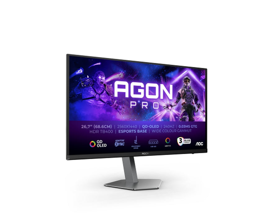 AOC AG276QZD2, 26.7" QD-OLED, 2560x1440@240Hz, 0.03GtG, 1000cd m/2, 1.5M:1, 80M:1 DCR, адаптивна синхронизация, FlickerFree, слаба синя светлина, 5Wx2, наклон, регулиране на височината, завъртане, въртене, 2xHDMI, 2xDP, USB хъб