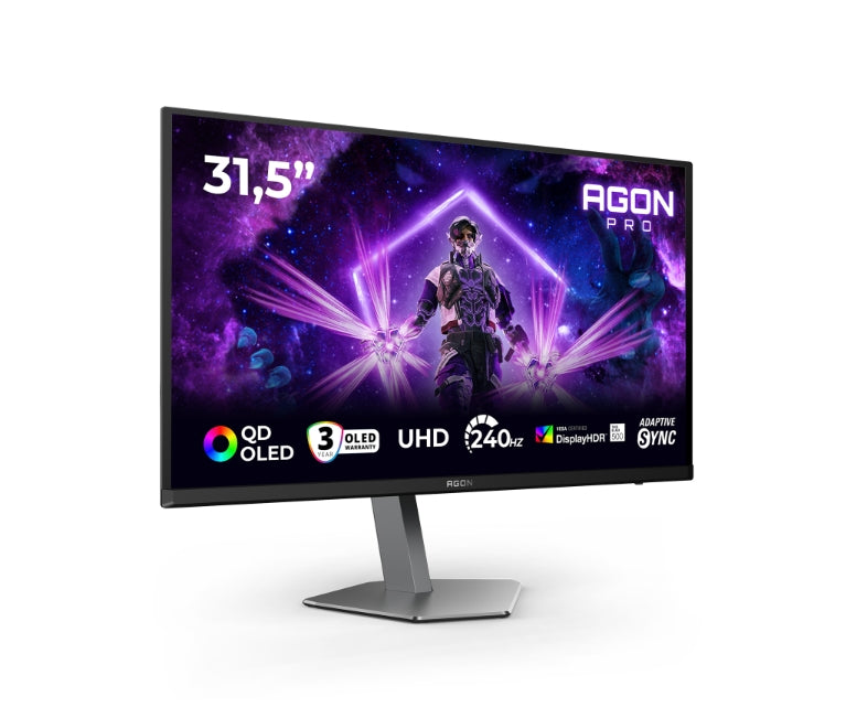 AOC AG326UZD2, 31.5" QD-OLED, 3840x2160@240Hz, 0.03ms GtG, 250cd m/2 (SDR), 1000cd m/2 (HDR), 1.500.000:1, 80M:1, Adaptive Sync, FlickerFree, LowBlue режим, 8Wx2, Наклон, Регулиране на височината, Завъртане, Въртене, 2xHDMI, DP, USB хъб, KVM