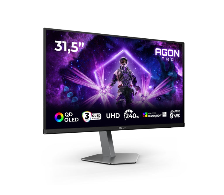 AOC AG326UZD2, 31.5" QD-OLED, 3840x2160@240Hz, 0.03ms GtG, 250cd m/2 (SDR), 1000cd m/2 (HDR), 1.500.000:1, 80M:1, Adaptive Sync, FlickerFree, LowBlue режим, 8Wx2, Наклон, Регулиране на височината, Завъртане, Въртене, 2xHDMI, DP, USB хъб, KVM