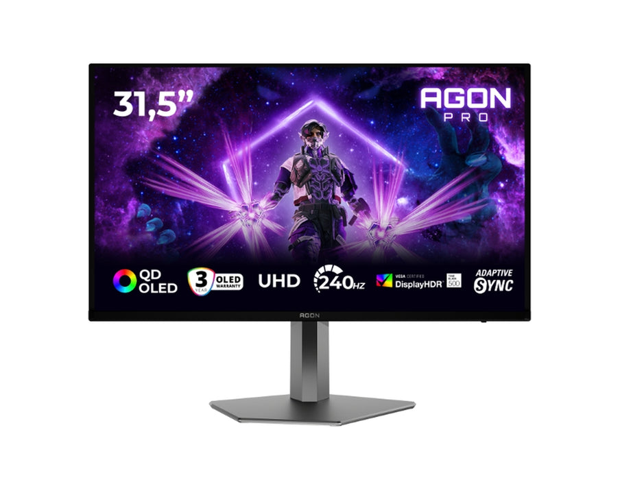 AOC AG326UZD2, 31.5" QD-OLED, 3840x2160@240Hz, 0.03ms GtG, 250cd m/2 (SDR), 1000cd m/2 (HDR), 1.500.000:1, 80M:1, Adaptive Sync, FlickerFree, LowBlue режим, 8Wx2, Наклон, Регулиране на височината, Завъртане, Въртене, 2xHDMI, DP, USB хъб, KVM
