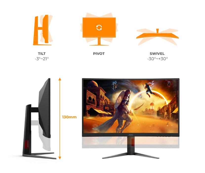 AOC C27G4Z2, 27" извит 1500R, бърз VA, WLED, 1920x1080@260Hz (OC, Native 240Hz), 1ms GtG, 0.3ms MPRT, 300cd m/2, 3000:1, адаптивна синхронизация, FlickerFree, режим Low Blue, наклон, регулиране на височината, завъртане, 2xHDMI, DP