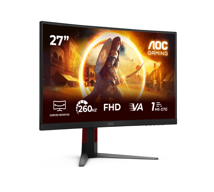 AOC C27G4Z2, 27" извит 1500R, бърз VA, WLED, 1920x1080@260Hz (OC, Native 240Hz), 1ms GtG, 0.3ms MPRT, 300cd m/2, 3000:1, адаптивна синхронизация, FlickerFree, режим Low Blue, наклон, регулиране на височината, завъртане, 2xHDMI, DP