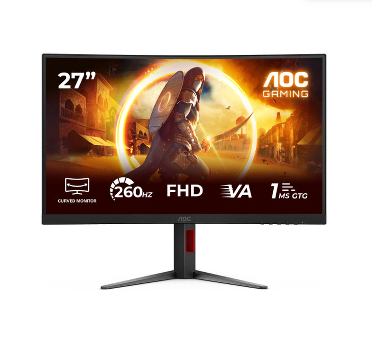 AOC C27G4Z2, 27" извит 1500R, бърз VA, WLED, 1920x1080@260Hz (OC, Native 240Hz), 1ms GtG, 0.3ms MPRT, 300cd m/2, 3000:1, адаптивна синхронизация, FlickerFree, режим Low Blue, наклон, регулиране на височината, завъртане, 2xHDMI, DP