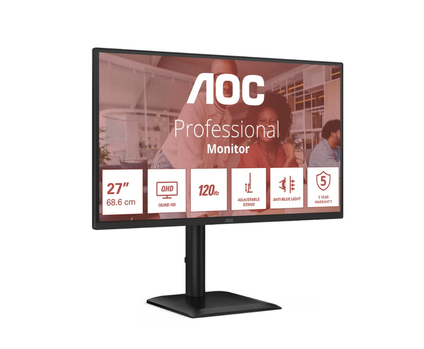 AOC Q27E4U, 27" IPS WLED, 2560x1440@120Hz, 4ms GtG, 350cd m/2, 1500:1, 20M:1 DCR, Adaptive Sync, FlickerFree, Anti Blue Light, 2Wx2, Наклон, Регулиране на височината, Завъртане, Въртене, HDMI, DP, USB хъб