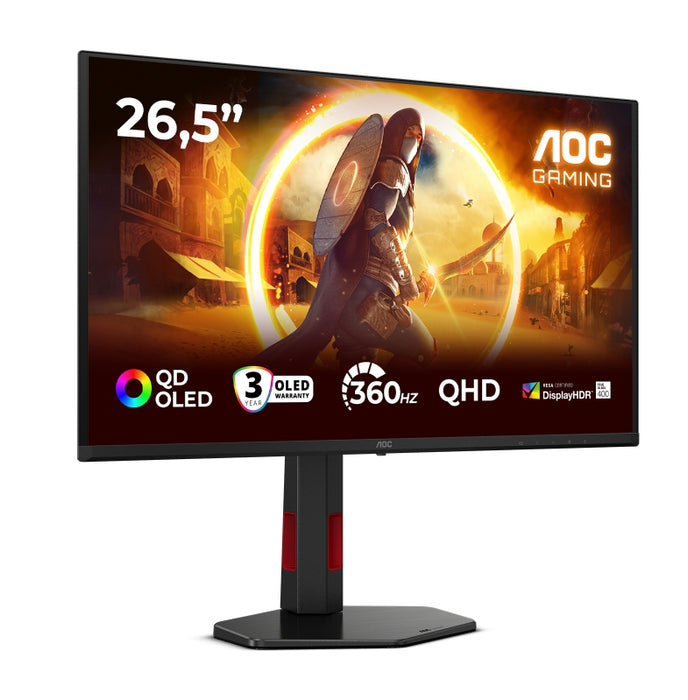 AOC Q27G4SDR, 26.5" QD-OLED, 2560x1440@360Hz, 0.03ms GtG, 1000cd m/2, 1.5M:1, адаптивна синхронизация, FlickerFree, слаба синя светлина, наклон, регулиране на височината, завъртане, въртене, 2xHDMI, DP, USB хъб