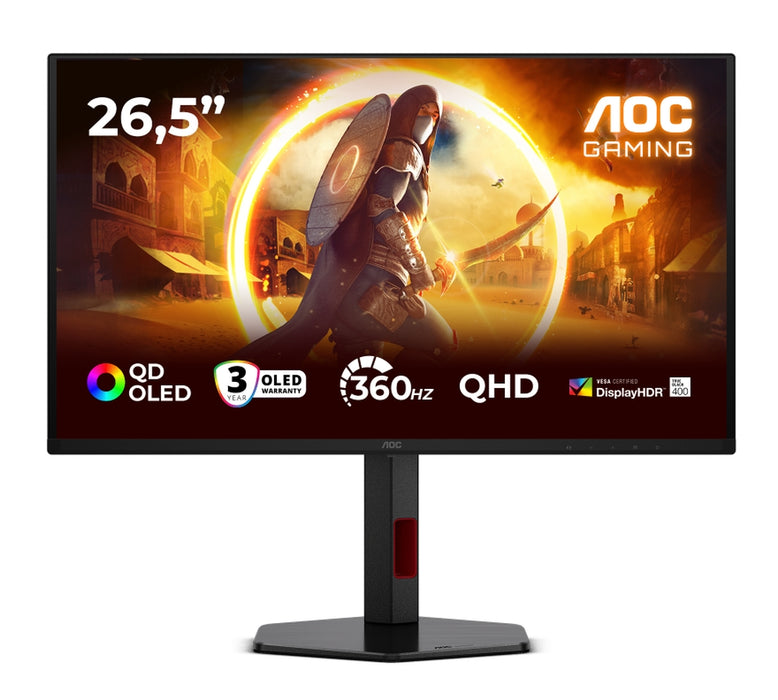 AOC Q27G4SDR, 26.5" QD-OLED, 2560x1440@360Hz, 0.03ms GtG, 1000cd m/2, 1.5M:1, адаптивна синхронизация, FlickerFree, слаба синя светлина, наклон, регулиране на височината, завъртане, въртене, 2xHDMI, DP, USB хъб