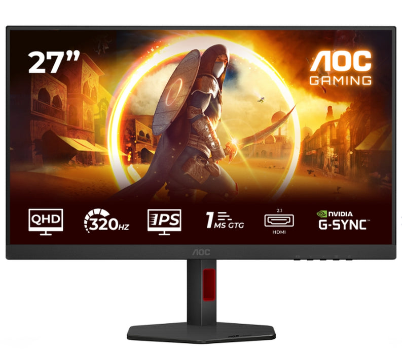 AOC Q27G4SRU, 27" Fast IPS WLED, 2560x1440@320Hz, 1ms GtG, 0.3ms MPRT, 450cd m2, 1000:1, Adaptive Sync, FlickerFree, Low Blue Light, 2Wx2, Наклон, Регулиране на височината, Завъртане, Въртене, 2xHDMI, DP, USB хъб