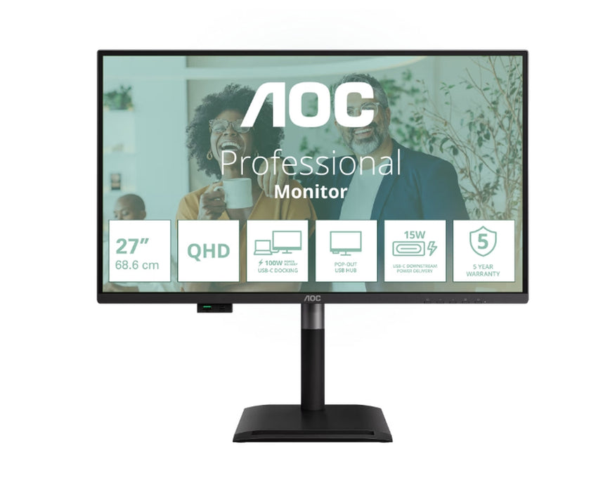 AOC Q27P4CV, 27" IPS WLED, 2560x1440@120Hz, 4ms GtG, 350cd m/2, 1500:1, 50M:1 DCR, Adaptive Sync, FlickerFree, Anti-Blue Light, 2Wx2, Наклон, Регулиране на височината, Завъртане, Въртене, HDMI, DP, USB хъб, RJ45