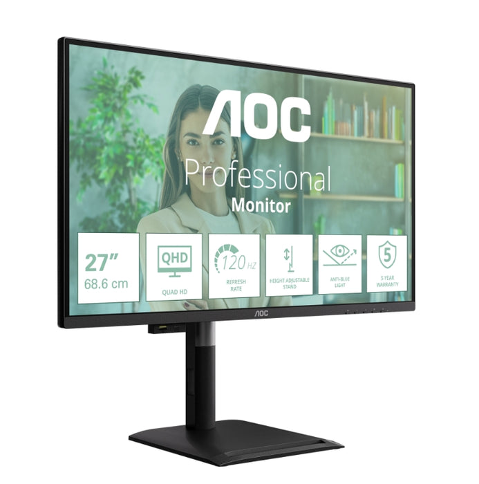 AOC Q27P4U, 27" IPS WLED, 2560x1440@120Hz, 4ms GtG, 350cd m2, 1500:1, DCR 50M:1, Adaptive Sync, FlickerFree, Anti Blue Light, 2Wx2, Наклон, Регулиране на височината, Завъртане, Въртене, 2xHDMI, DP, USB хъб