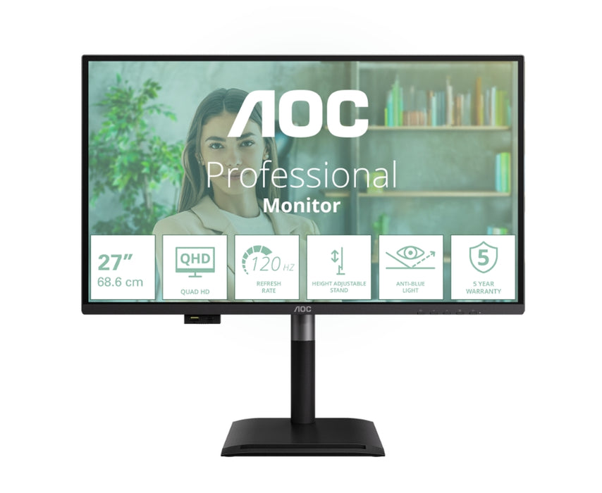 AOC Q27P4U, 27" IPS WLED, 2560x1440@120Hz, 4ms GtG, 350cd m2, 1500:1, DCR 50M:1, Adaptive Sync, FlickerFree, Anti Blue Light, 2Wx2, Наклон, Регулиране на височината, Завъртане, Въртене, 2xHDMI, DP, USB хъб