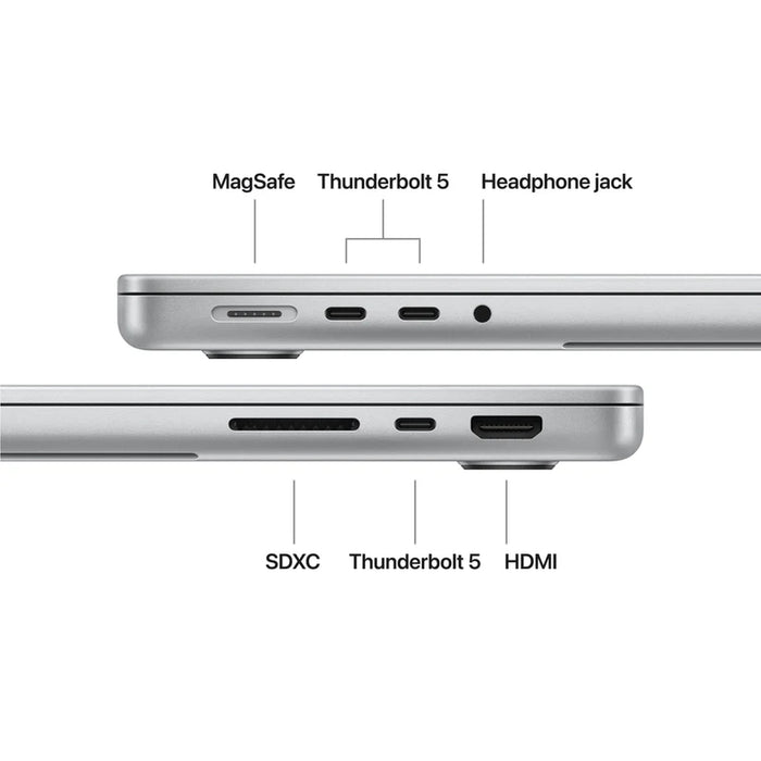 Apple 14-инчов MacBook Pro: Apple M5 Pro чип с 15-ядрен процесор и 16-ядрен графичен процесор, 24GB, 1TB SSD - сребрист