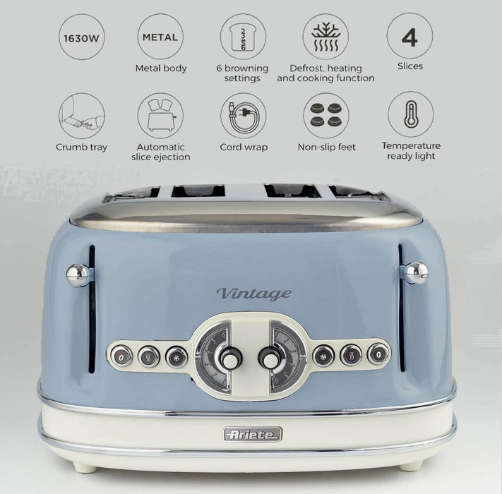 Тостер Ariete - Vintage, 0156/05, 1600W, 4 филии, син