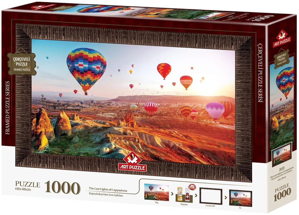 Комплект пъзел, рамка и лепило Art Puzzle от 1000 части - Последните лъчи над Кападокия