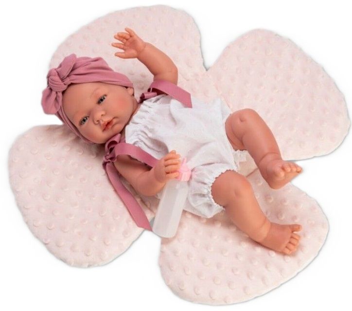 Кукла Asi Dolls - Бебе Мария, с бял гащеризон и розова възглавница цвете, 43 cm