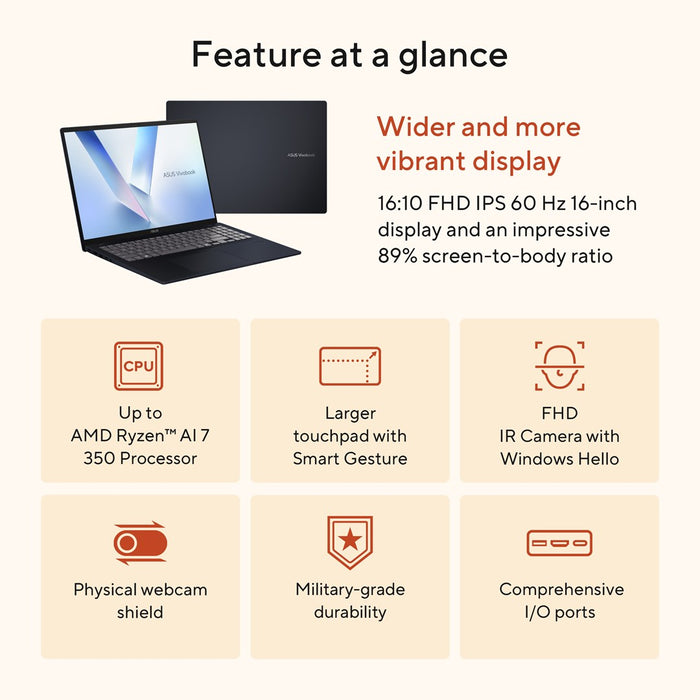 ASUS Vivobook 16 M1607KA-MB164W Copilot+ PC AMD Ryzen™ AI 5 330 Лаптоп 40.6 см (16") WUXGA 16 GB DDR5-SDRAM 512 GB SSD Wi-Fi 6 (802.11ax) Windows 11 Home Син