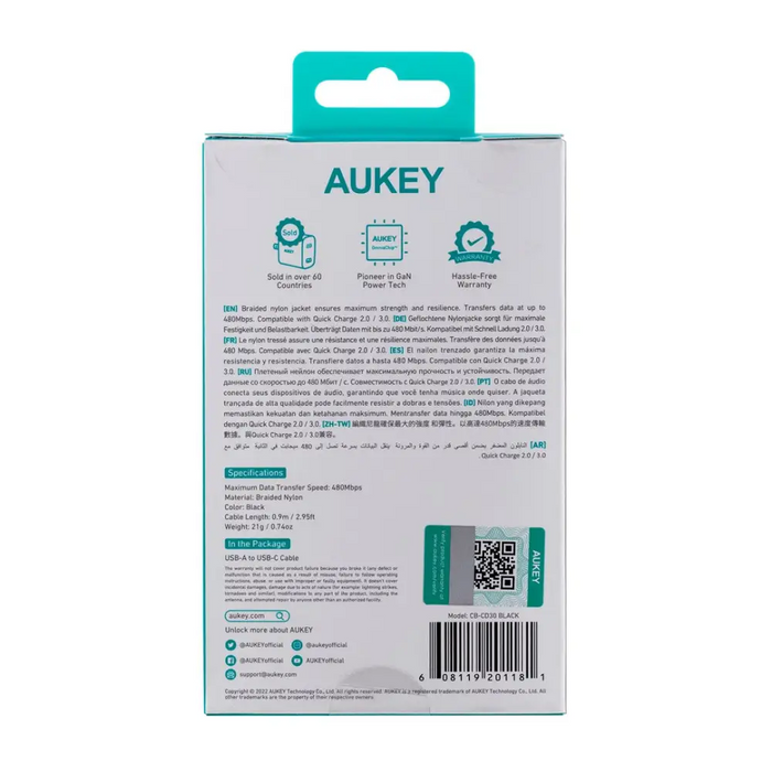 AUKEY CB-CD30 USB кабел 0,9 м USB A USB C Черен