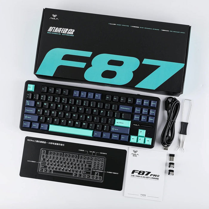 AULA Gasket F87 Pro клавиатура черно-циан синьо сиво дърво V4 RGB