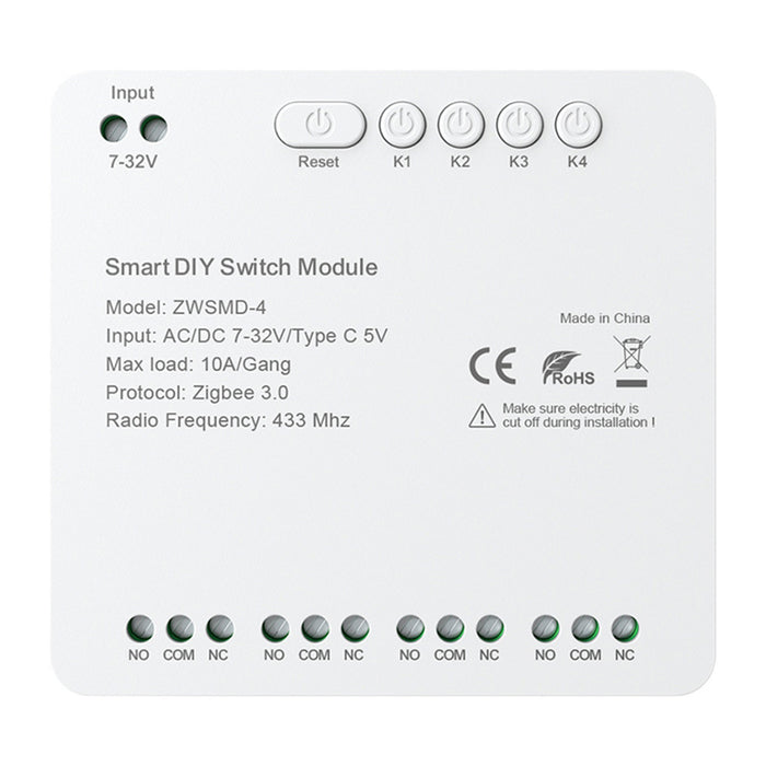 4-канален ZigBee комутационен модул с безнапреженов DC 32V контакт Avatto ZWSMMD-4-32V