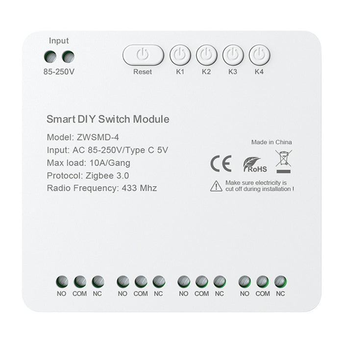 ZigBee 4-канален комутационен модул с безнапреженов DC 32V контакт Avatto ZWSMMD-4-250V