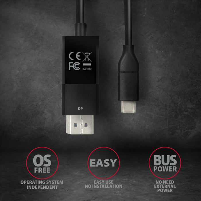 Кабел от източник с USB-C AXAGON към приемник с DisplayPort USB-C ->DISPLAYPORT RVC-DPC работи само в тази посока